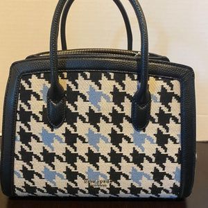 Kate Spade New York Knot Houndstooth Satchel Blue White Fabric Leather Trim